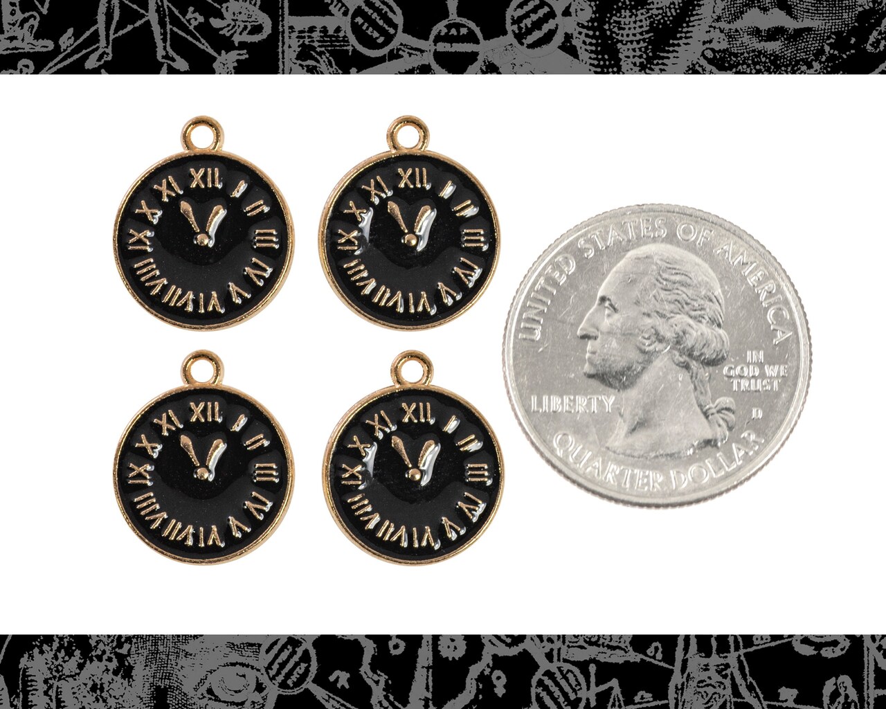 Black Enamel Clock or Watch Charms - Set of Four - XXX - ZG-C40